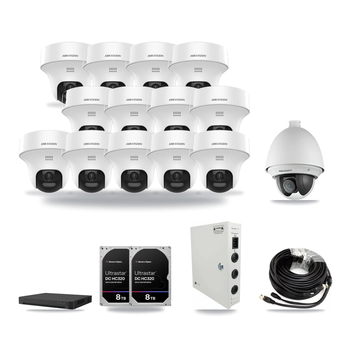 Hikvision 32-channel CCTV kit: 14 cameras (13× 5MP Turret + 1× 2MP PTZ), 2× 8TB hard drive