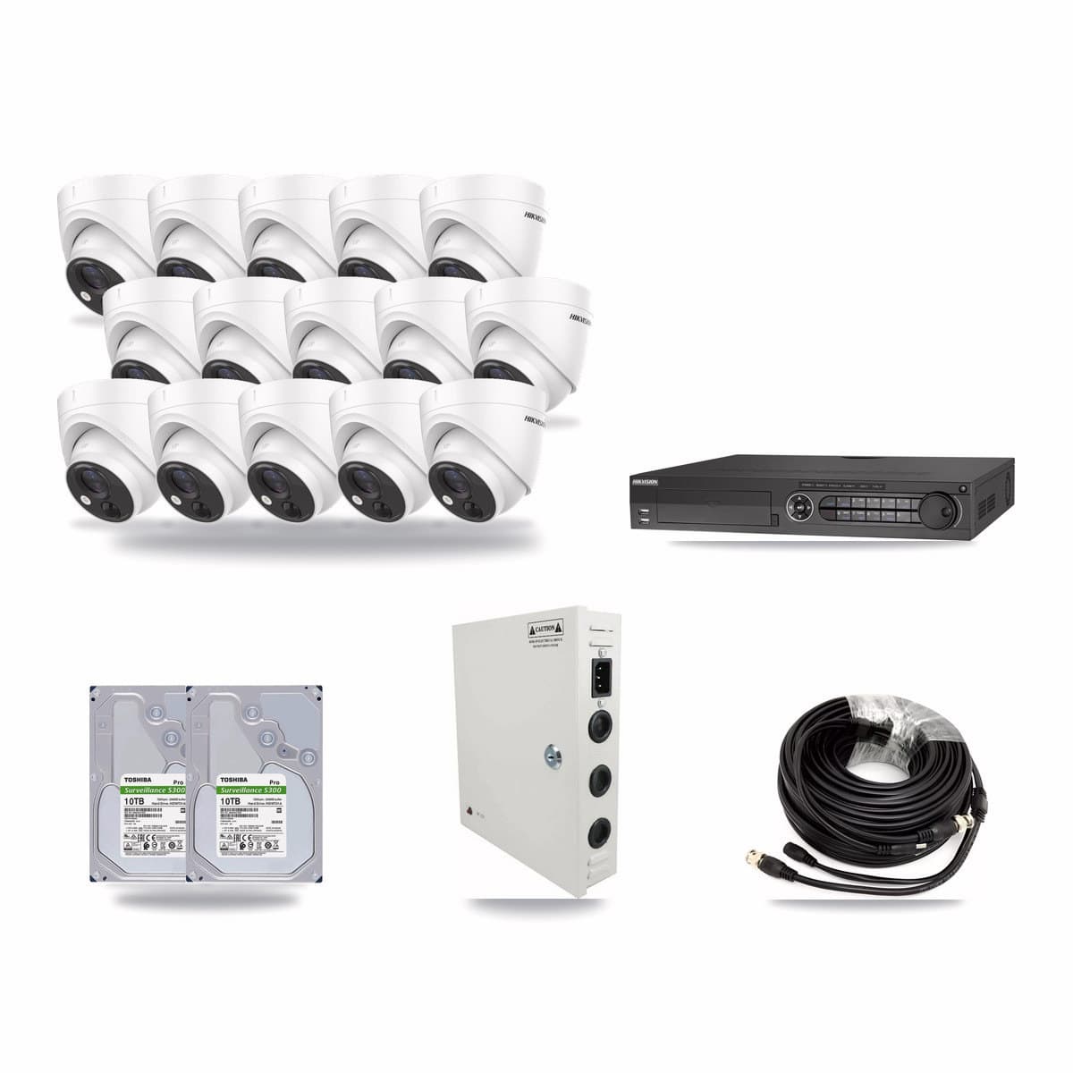 Hikvision 32-channel CCTV kit: 15 cameras (15× 5MP Turret), 2× 10TB hard drive
