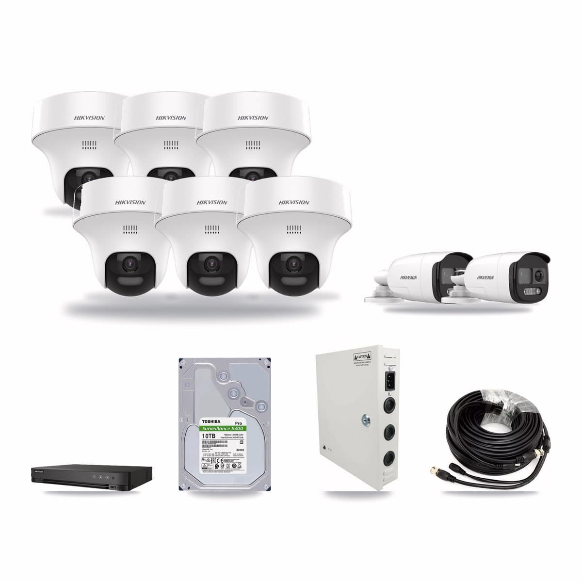 Hikvision 8-channel CCTV kit: 8 cameras (6× 5MP Turret + 2× 5MP Bullet), 10TB hard drive