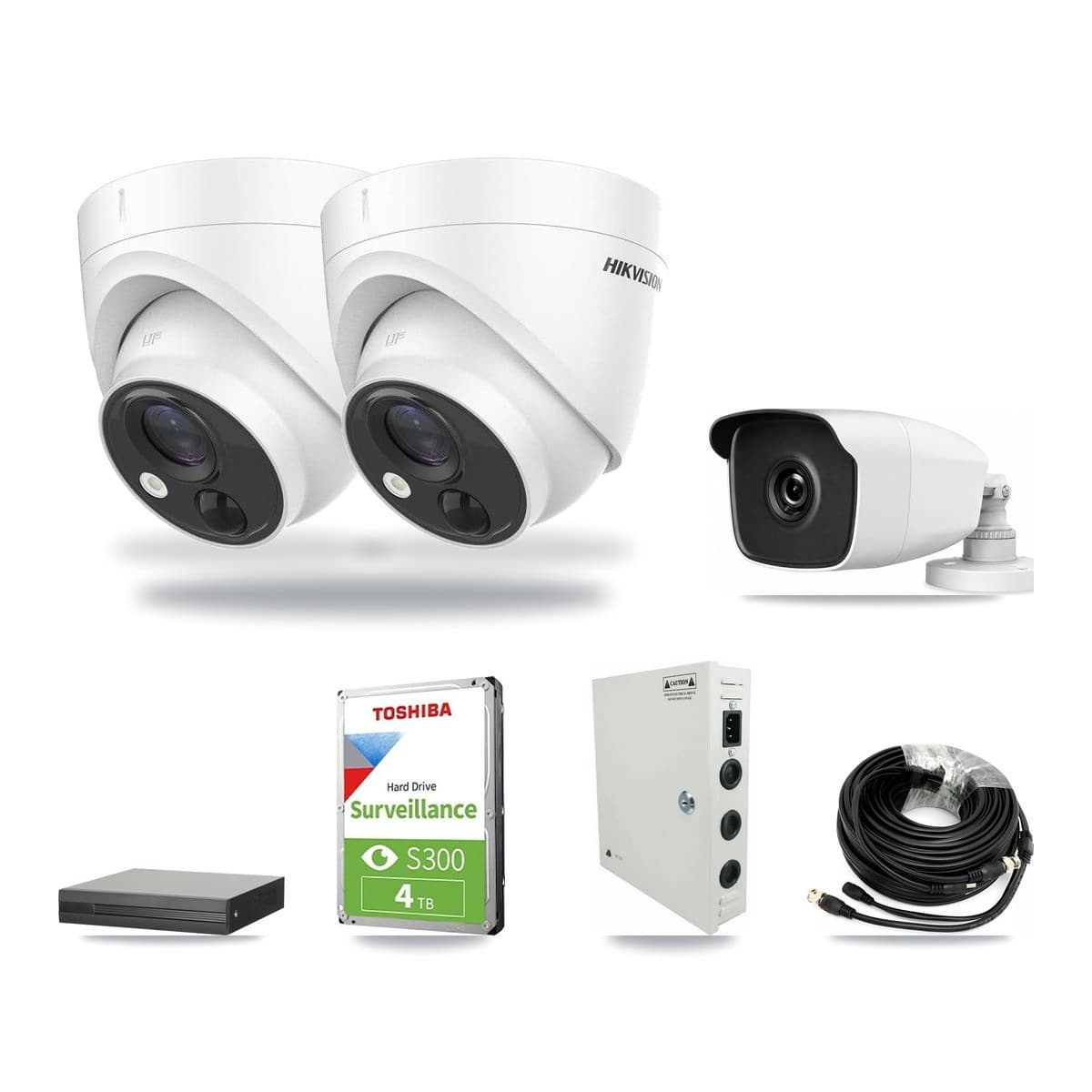 4-Channel 3MP – 5MP CCTV Kit — 2 Hikvision DS-2CE71H0T 5MP Turret + 1 HiLook THC-B230-R 3MP Bullet Cameras + 4TB Recording - Image 1