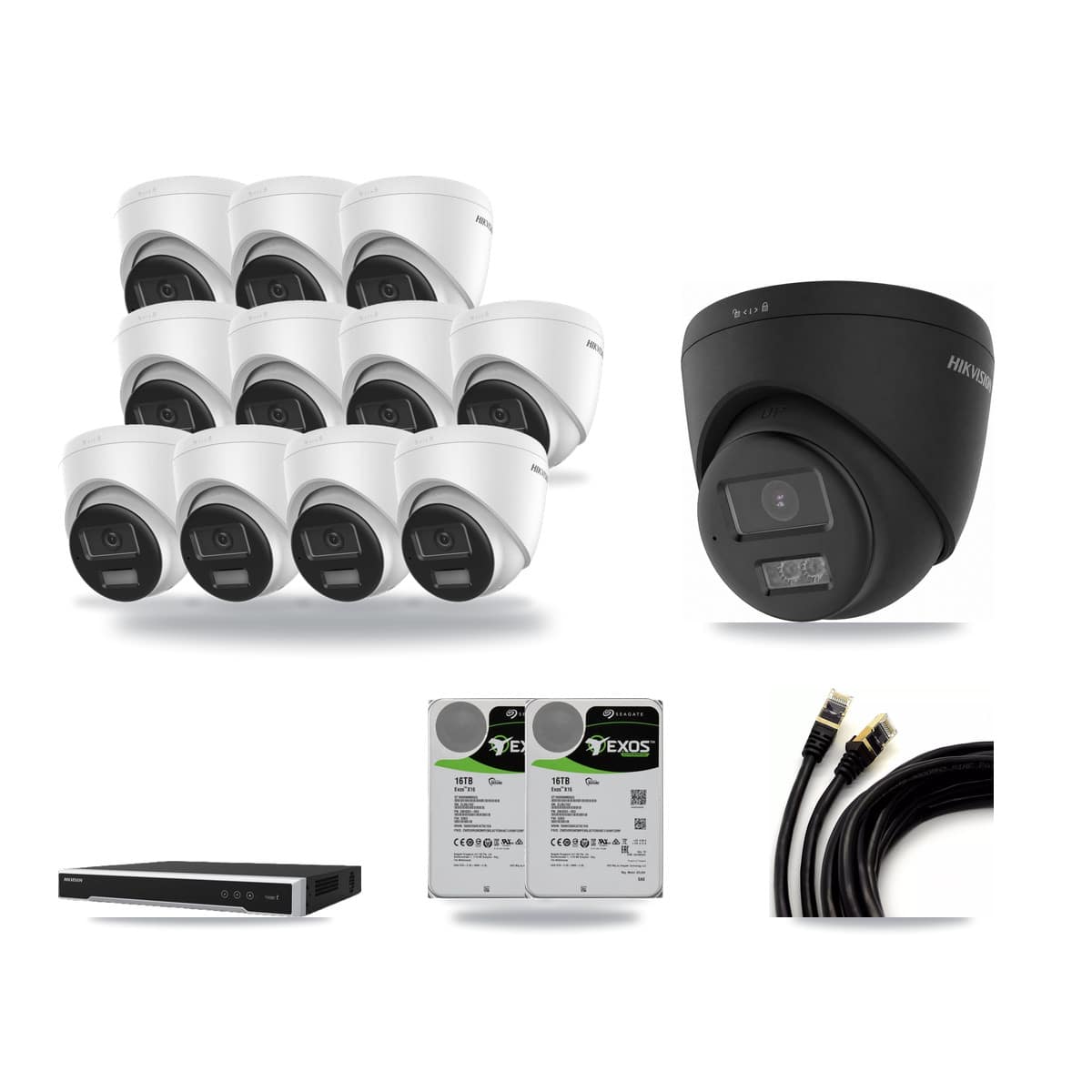 Hikvision 16-channel CCTV kit: 12 cameras (11× 4K Turret DS-2CD1383G2-LIUF/SL + 1× 4K Turret DS-2CD1383G2-LIUF/SL-BLACK), 2× 16TB hard drive