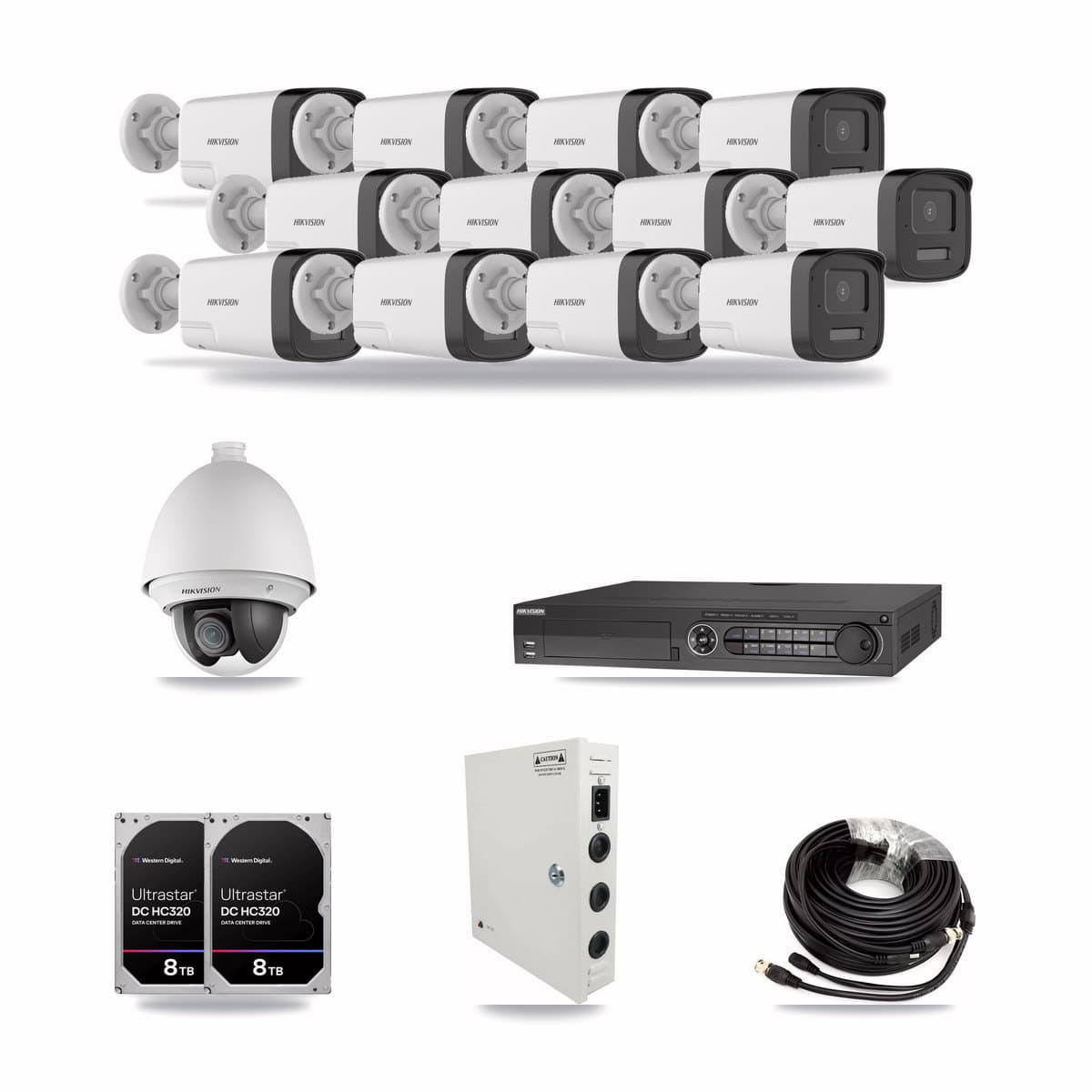 Hikvision 32-channel CCTV kit: 13 cameras (12× 5MP Bullet + 1× 2MP PTZ), 2× 8TB hard drive