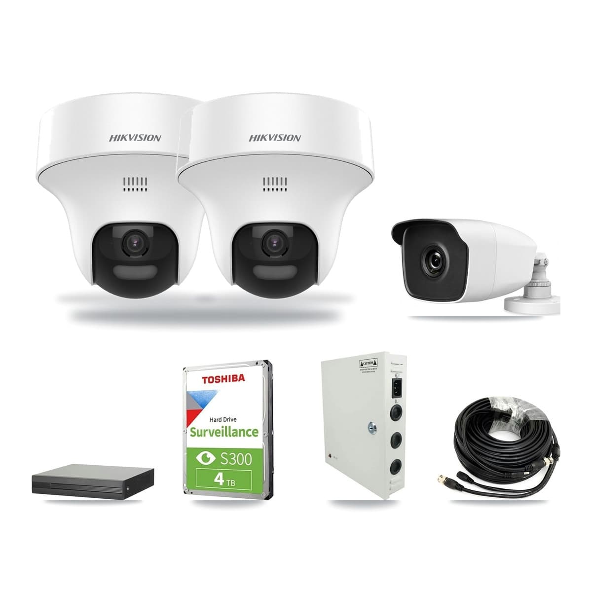 4-Channel 3MP – 5MP CCTV Kit — 2 Hikvision DS-2CE70K0T 5MP Turret + 1 HiLook THC-B230-R 3MP Bullet Cameras + 4TB Recording - Image 1