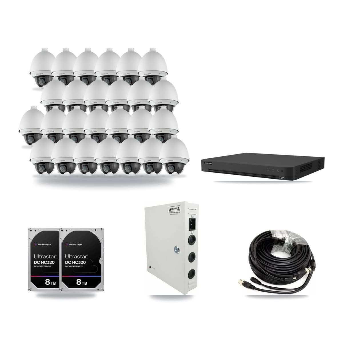 Hikvision 32-channel CCTV kit: 26 cameras (26× 2MP PTZ), 2× 8TB hard drive