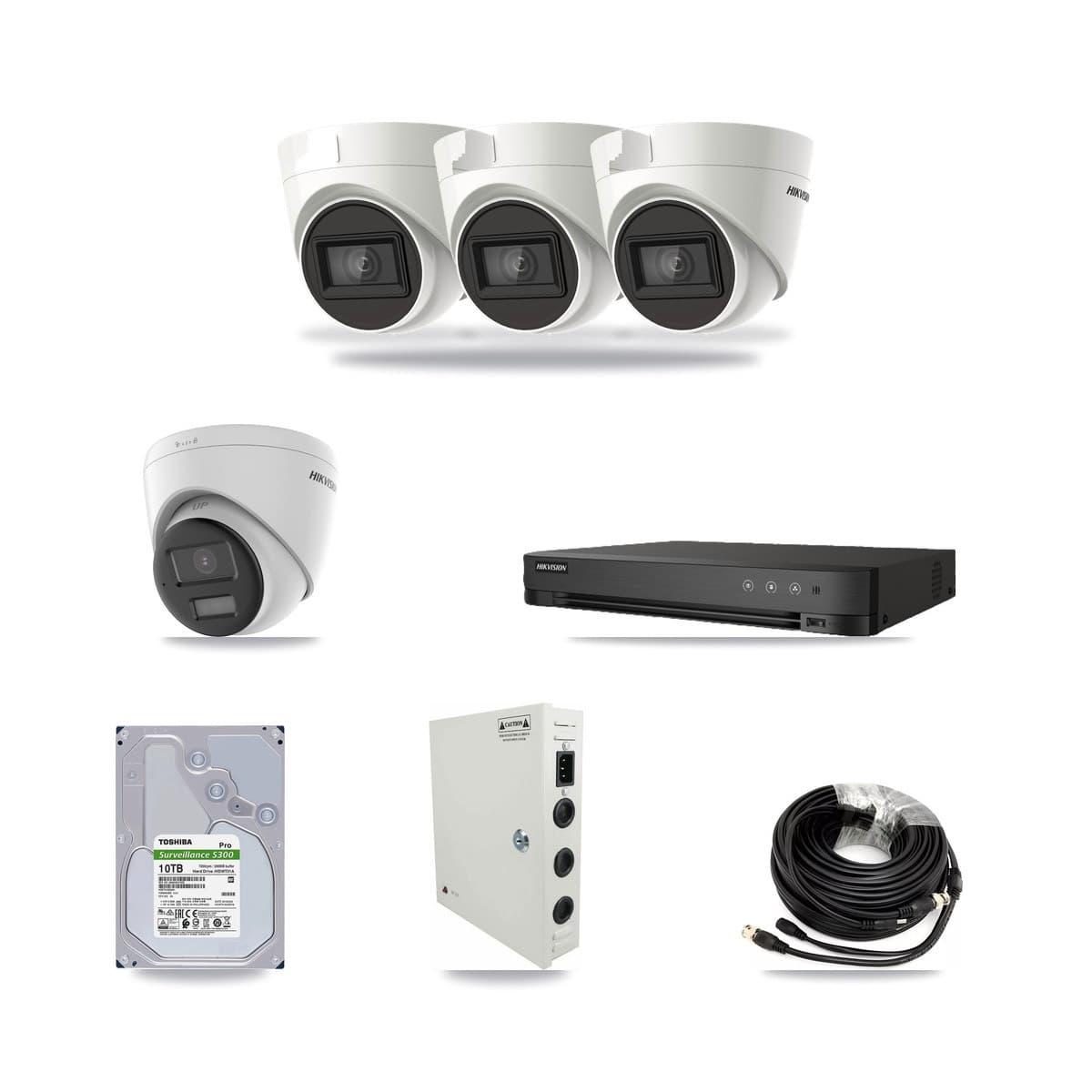 Hikvision 8-channel CCTV kit: 4 cameras (3× 4K Turret DS-2CE78U1T + 1× 4K Turret DS-2CE78U0T), 10TB hard drive
