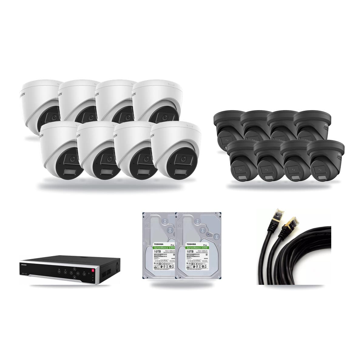Hikvision 32-channel CCTV kit: 16 cameras (8× 4MP Turret + 8× 4MP Black Turret), 2× 10TB hard drive