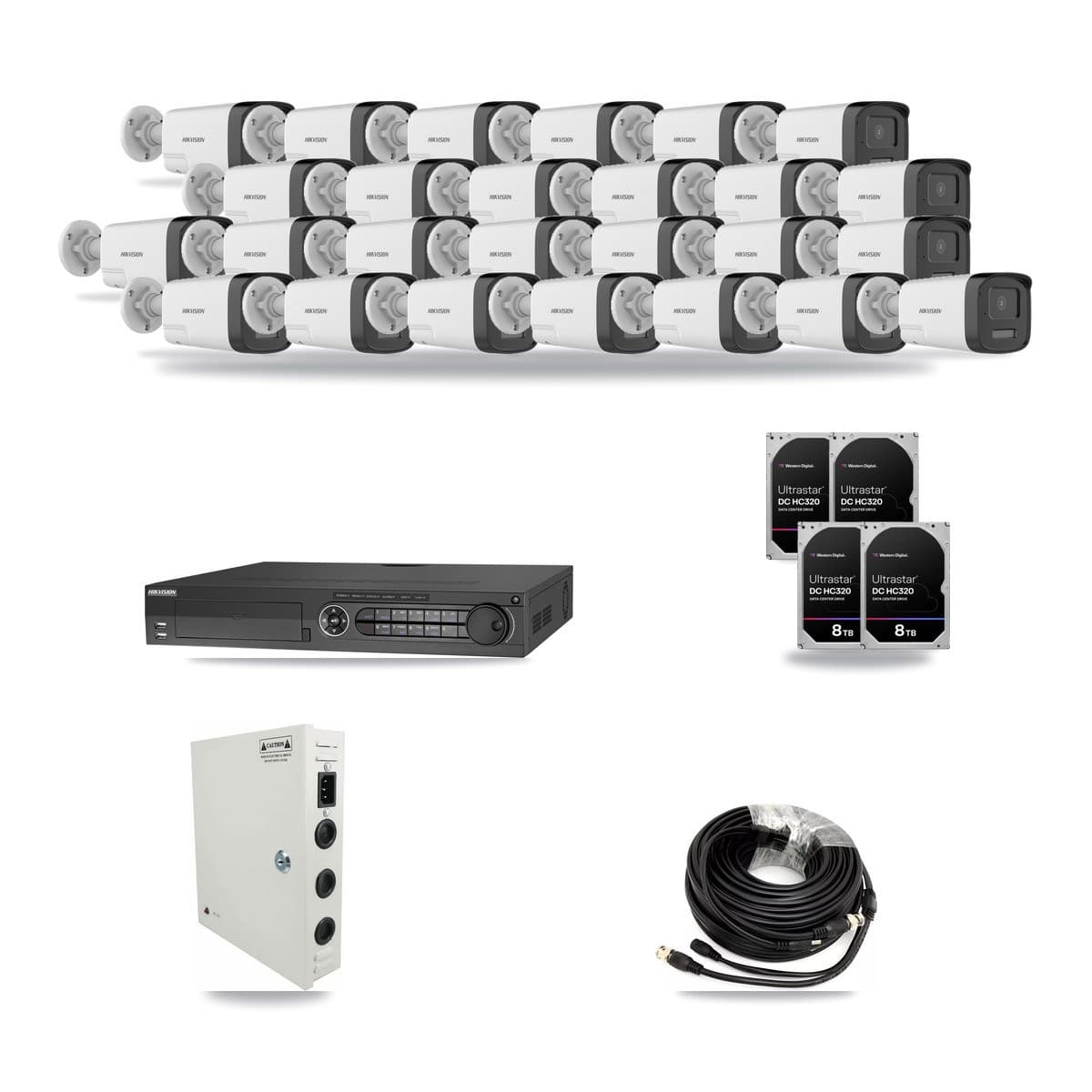 Hikvision 32-channel CCTV kit: 26 cameras (26× 5MP Bullet), 4× 8TB hard drive