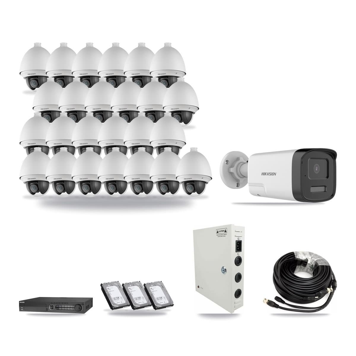 Hikvision 32-channel CCTV kit: 26 cameras (25× 2MP PTZ + 1× 5MP Bullet), 3× 6TB hard drive