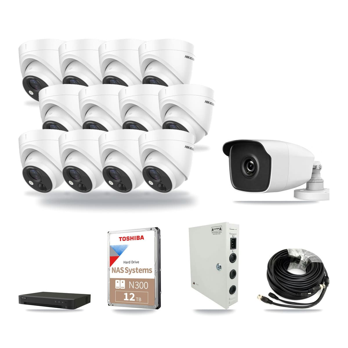 Hikvision 16-channel CCTV kit: 13 cameras (12× 5MP Turret + 1× 3MP Bullet), 12TB hard drive