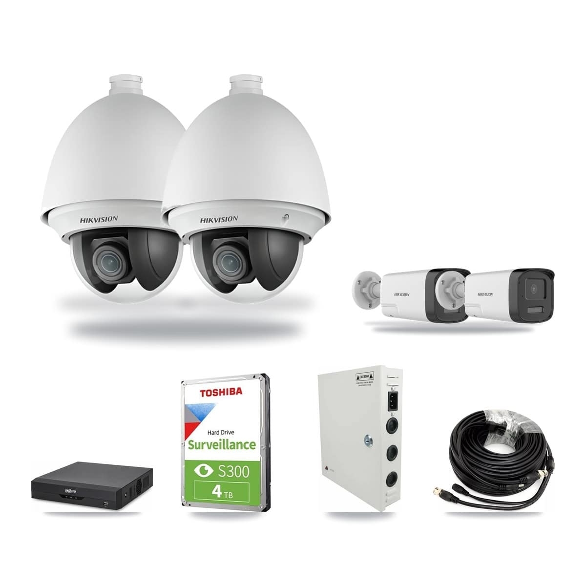 Dahua 4-channel CCTV kit: 4 cameras (2× 2MP PTZ + 2× 5MP Bullet), 4TB hard drive
