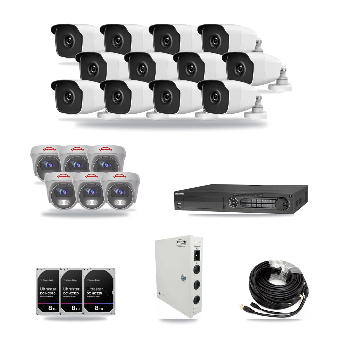 32-Channel 3MP – 5MP CCTV Kit — 12 3MP Bullet + 6 5MP Cameras + 3× 8TB Recording - Image 1