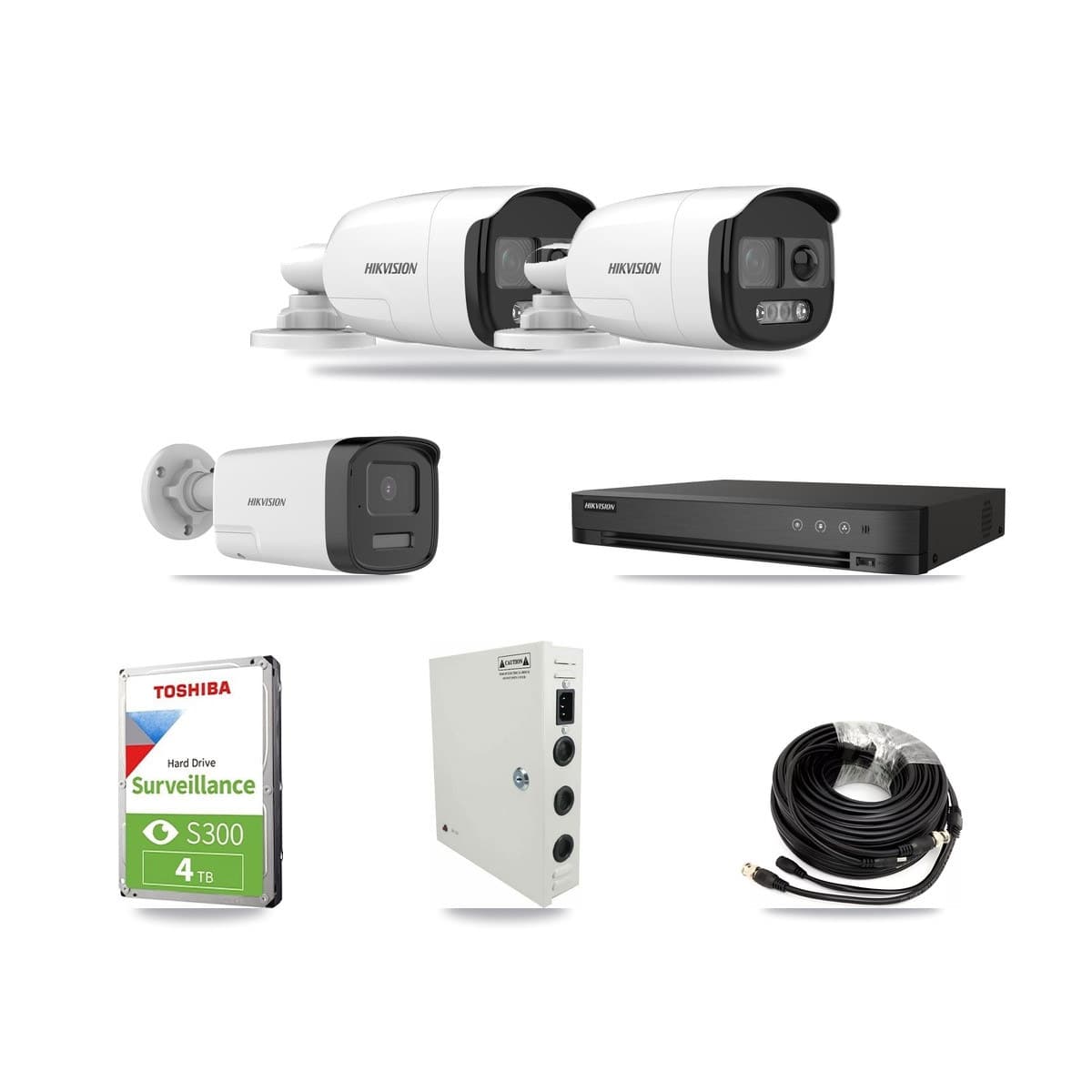 Hikvision 4-channel CCTV kit: 3 cameras (2× 5MP Bullet DS-2CE12KF3T + 1× 5MP Bullet DS-2CE17K0T), 4TB hard drive
