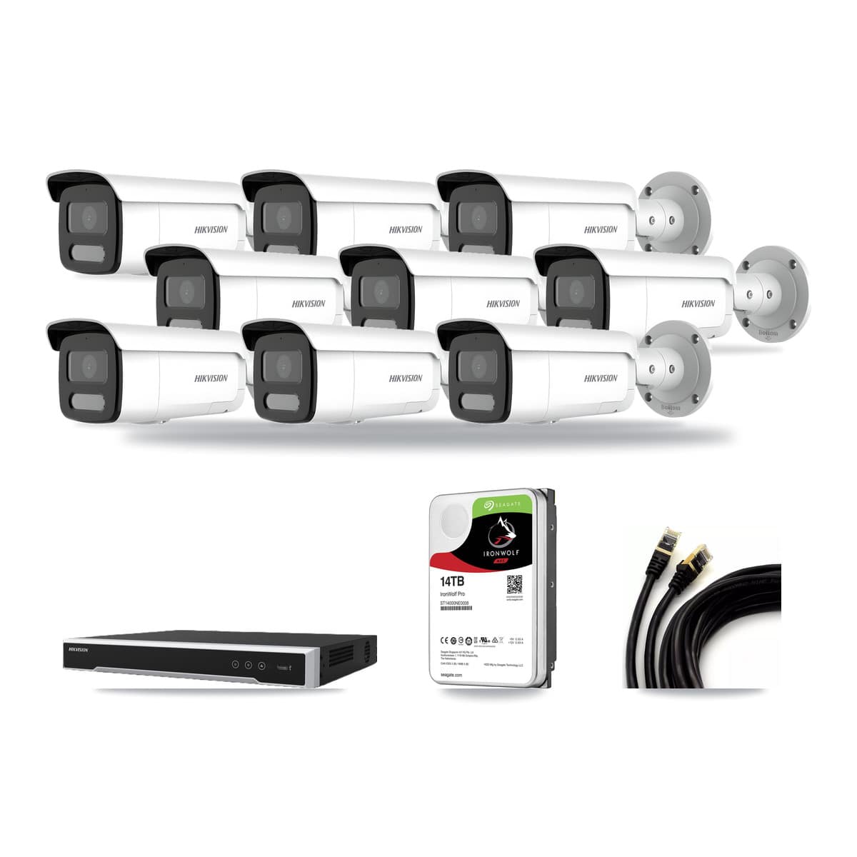 Hikvision 16-channel CCTV kit: 10 cameras (9× 4MP Bullet + 1× 5MP Dome), 14TB hard drive