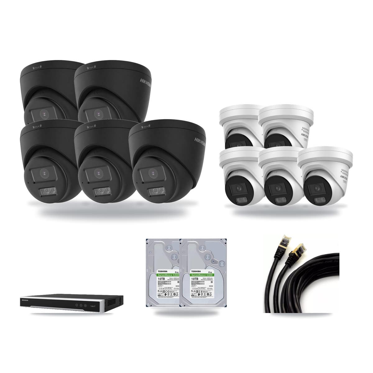 Hikvision 16-channel CCTV kit: 10 cameras (5× 4K Turret + 5× 4MP Turret), 2× 10TB hard drive
