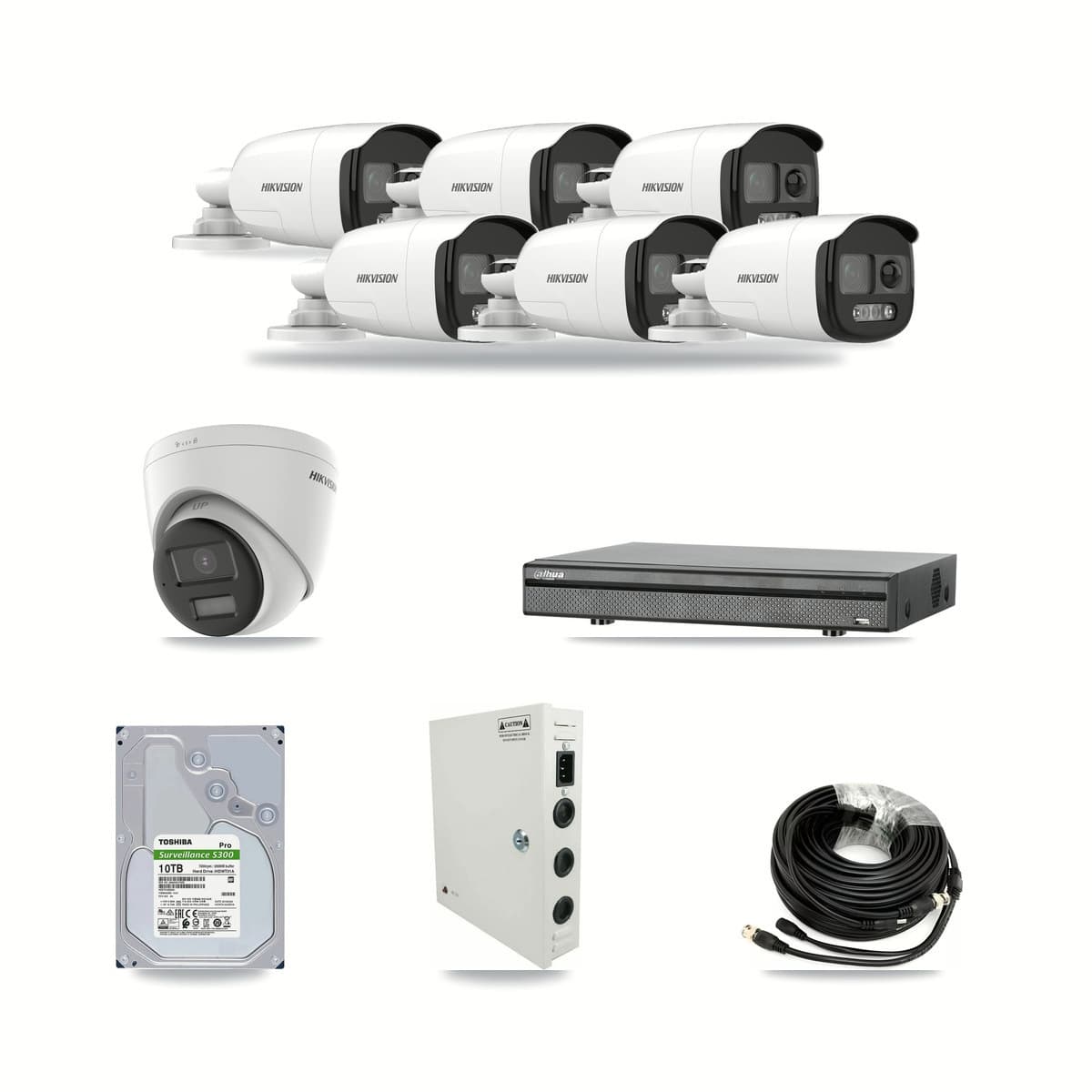 Dahua 8-channel CCTV kit: 7 cameras (6× 5MP Bullet + 1× 4K Turret), 10TB hard drive