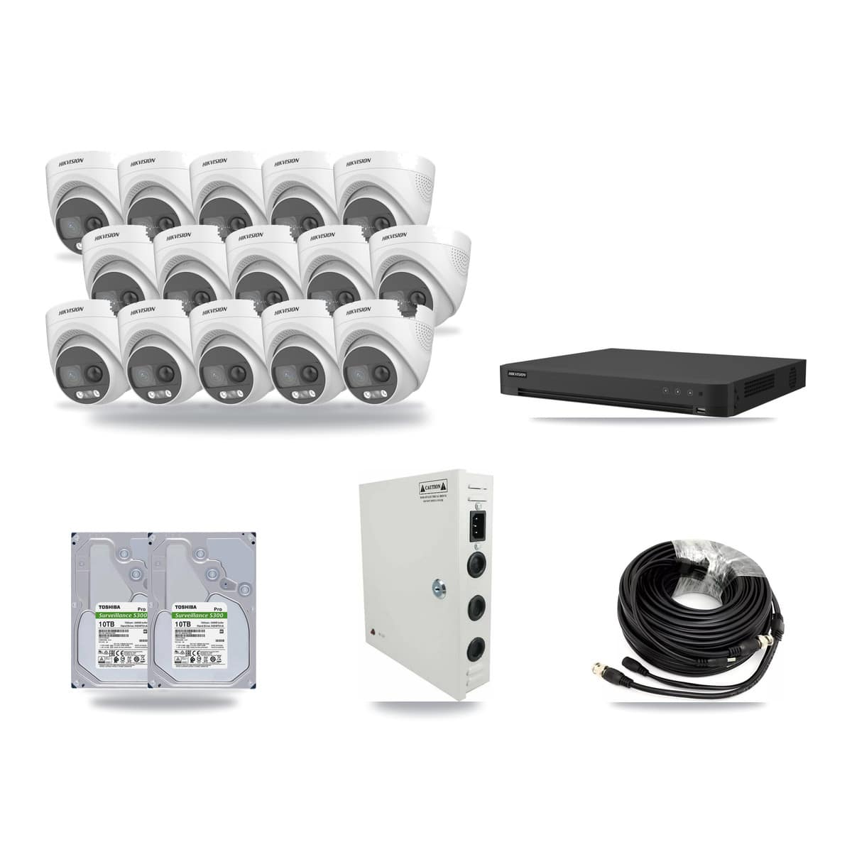 Hikvision 32-channel CCTV kit: 15 cameras (15× 5MP Turret), 2× 10TB hard drive