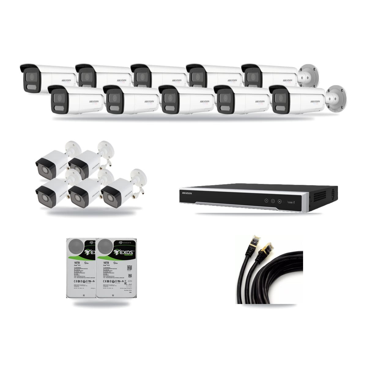 Hikvision 16-channel CCTV kit: 15 cameras (10× 4K Bullet + 5× 5MP Bullet), 2× 16TB hard drive
