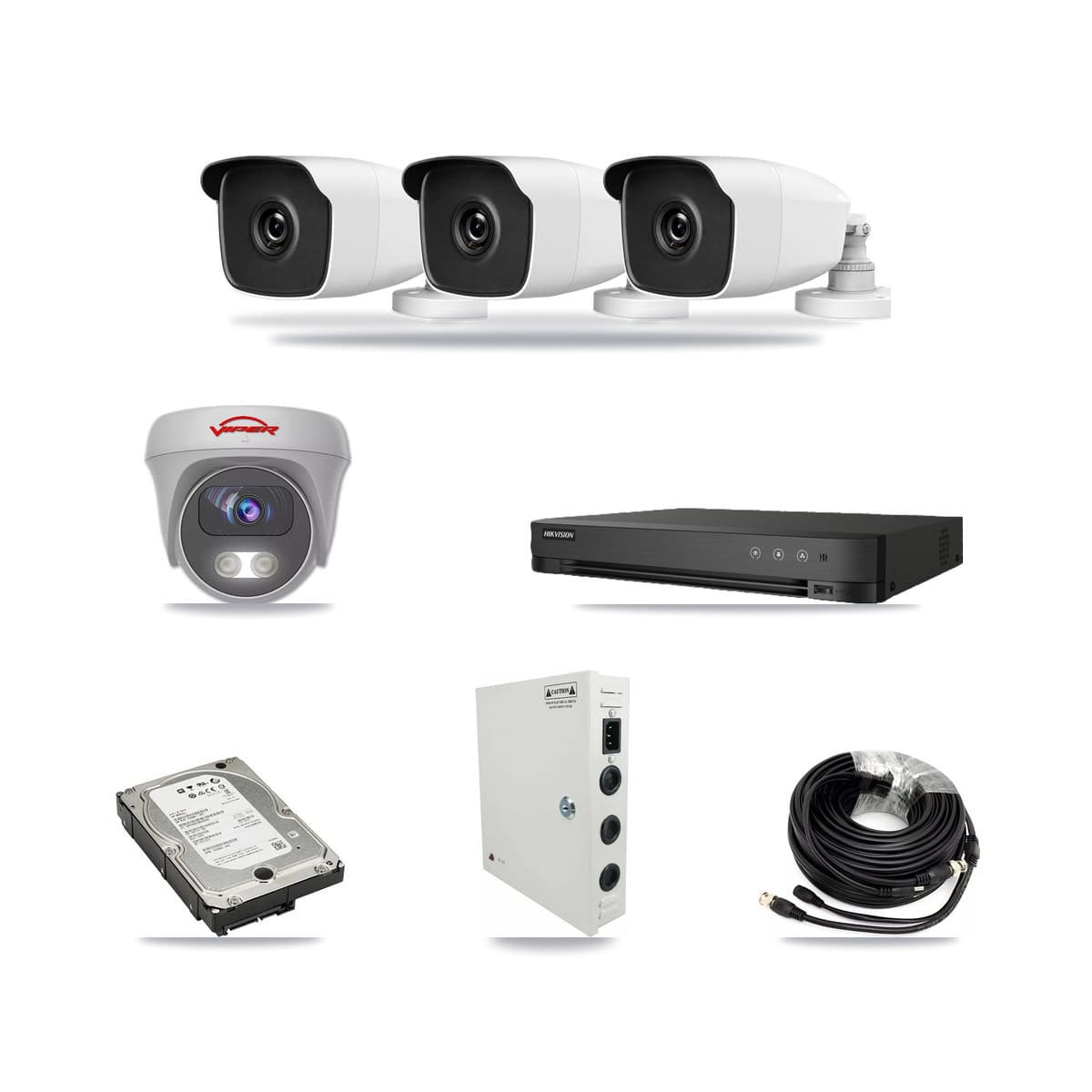 Hikvision 8-channel CCTV kit: 4 cameras (3× 3MP Bullet + 1× 5MP Camera), 5TB hard drive