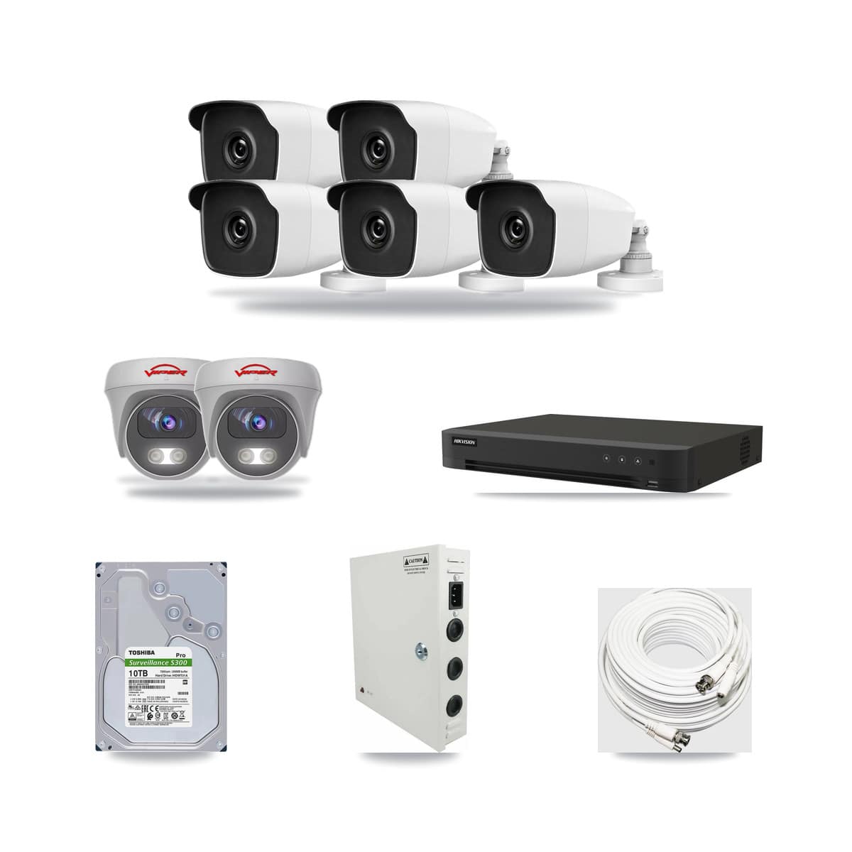 8-Channel 3MP – 5MP CCTV Kit — 5 THC-B230-R 3MP Bullet + 2 White VIPER-5MP-3K-AOC-WHITE-2.8MM 5MP Cameras + 10TB Recording (IDS-7208HUHI-M1/XT Recorder) - Image 1