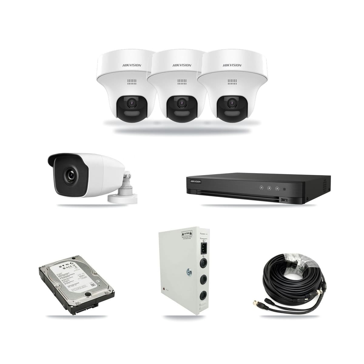 Hikvision 4-channel CCTV kit: 4 cameras (3× 5MP Turret + 1× 3MP Bullet), 5TB hard drive
