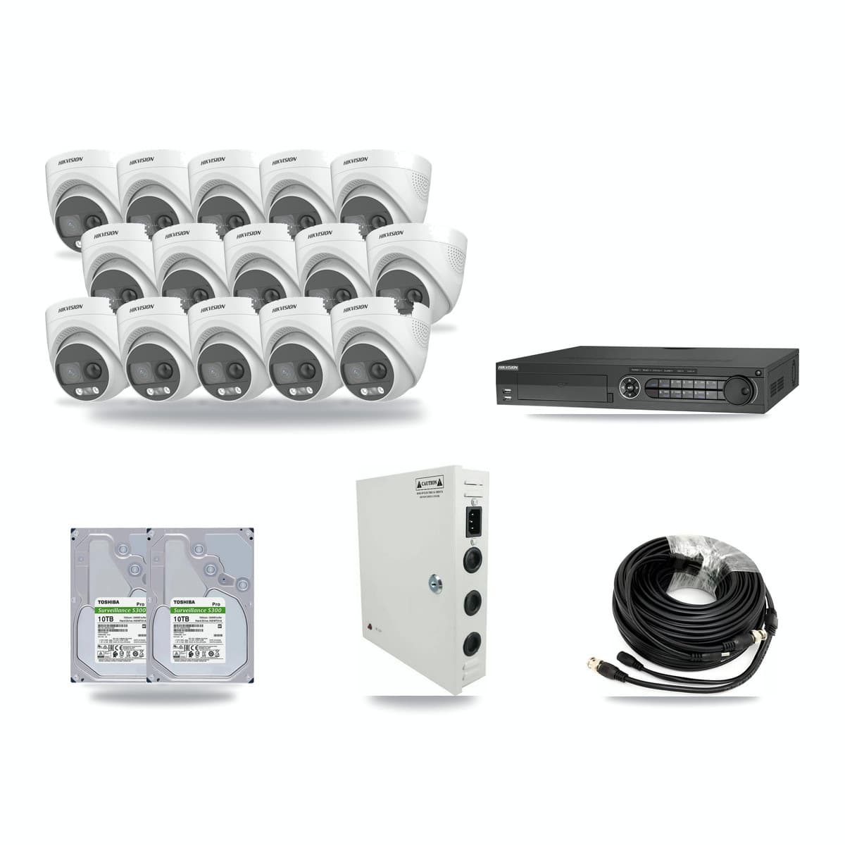 Hikvision 32-channel CCTV kit: 15 cameras (15× 5MP Turret), 2× 10TB hard drive