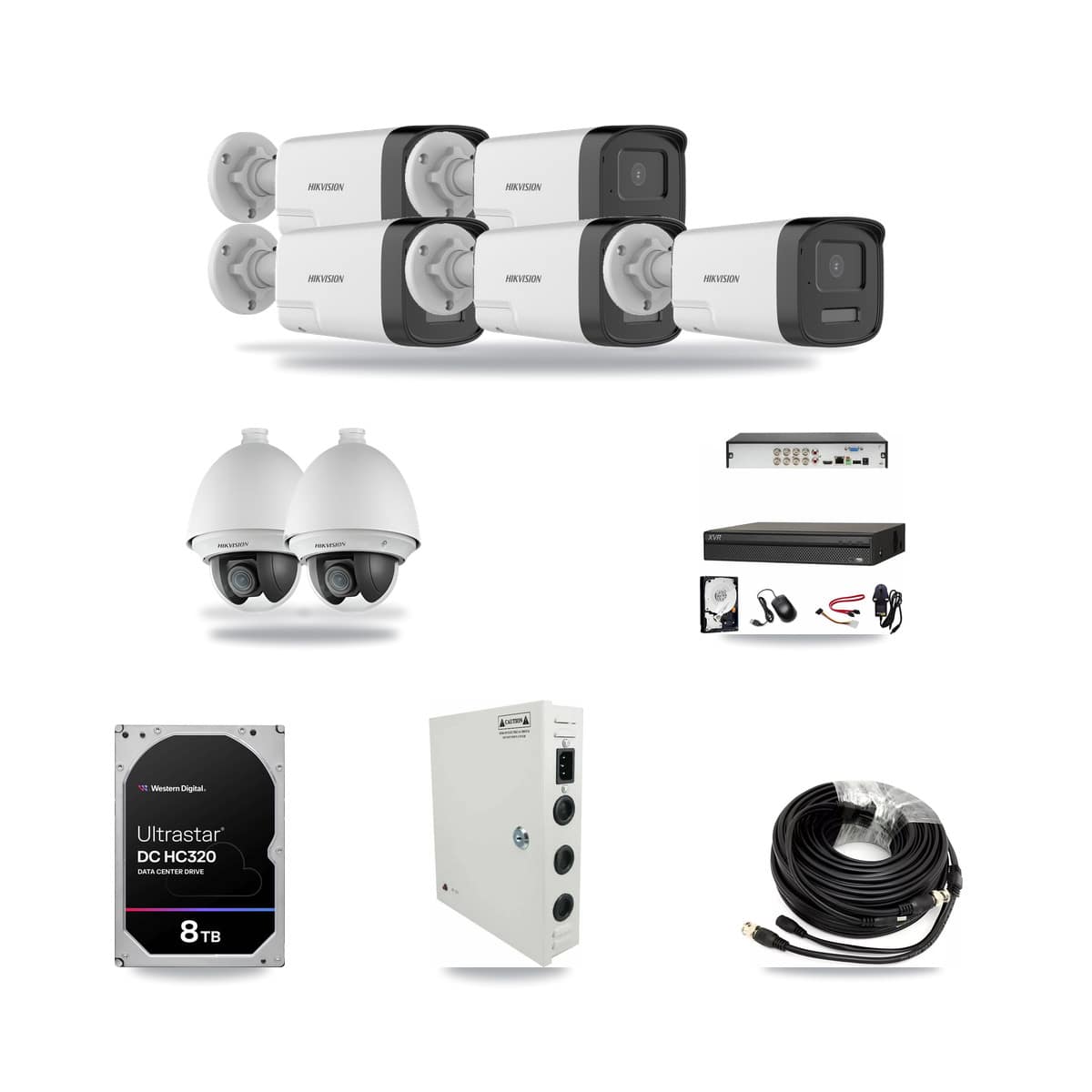 Dahua 8-channel CCTV kit: 7 cameras (5× 5MP Bullet + 2× 2MP PTZ), 8TB hard drive