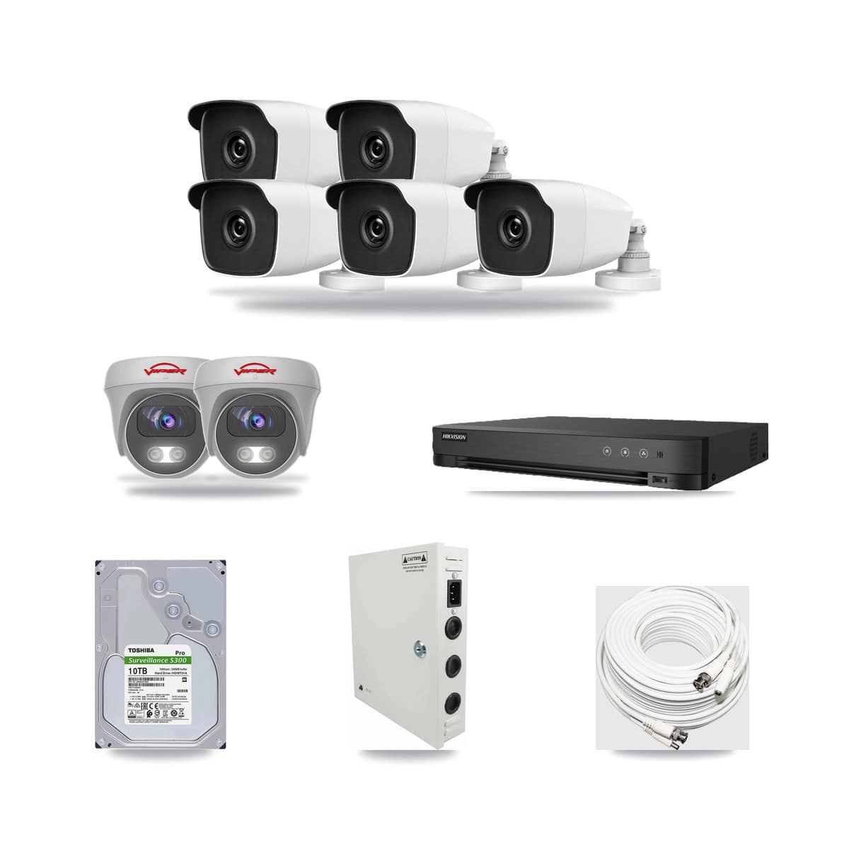 8-Channel 3MP – 5MP CCTV Kit — 5 THC-B230-R 3MP Bullet + 2 White VIPER-5MP-3K-AOC-WHITE-2.8MM 5MP Cameras + 10TB Recording (IDS-7208HUHI-M1/E Recorder) - Image 1
