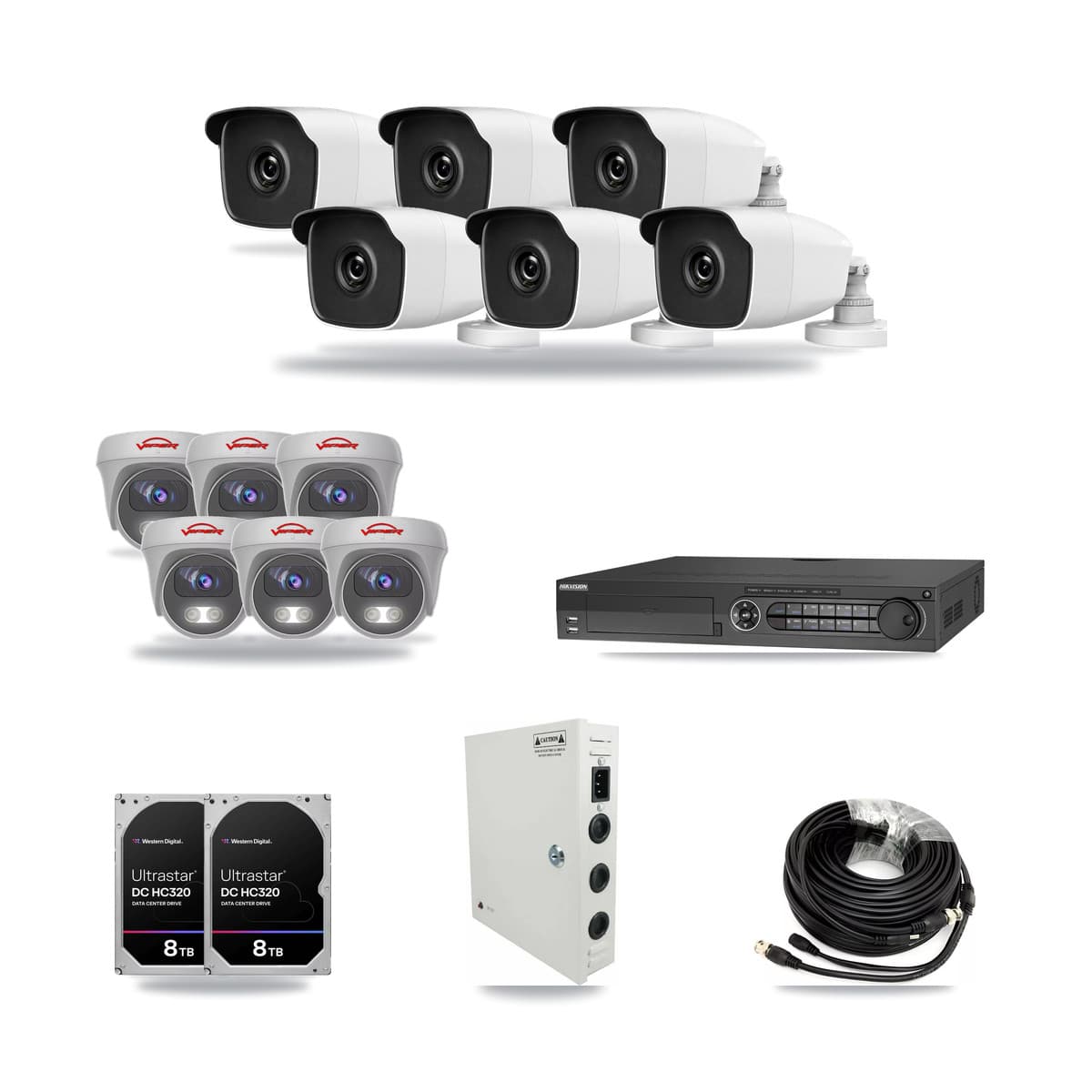 32-Channel 3MP – 5MP CCTV Kit — 6 3MP Bullet + 6 White 5MP Cameras + 2× 8TB Recording (DS-7332HQHI Recorder) - Image 1