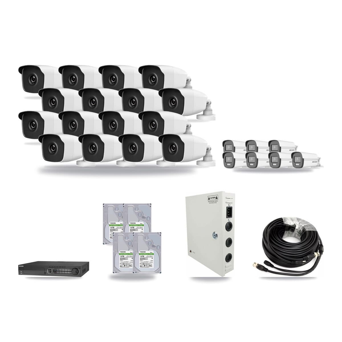 Hikvision 32-channel CCTV kit: 23 cameras (16× 3MP Bullet + 7× 4K Bullet), 4× 10TB hard drive