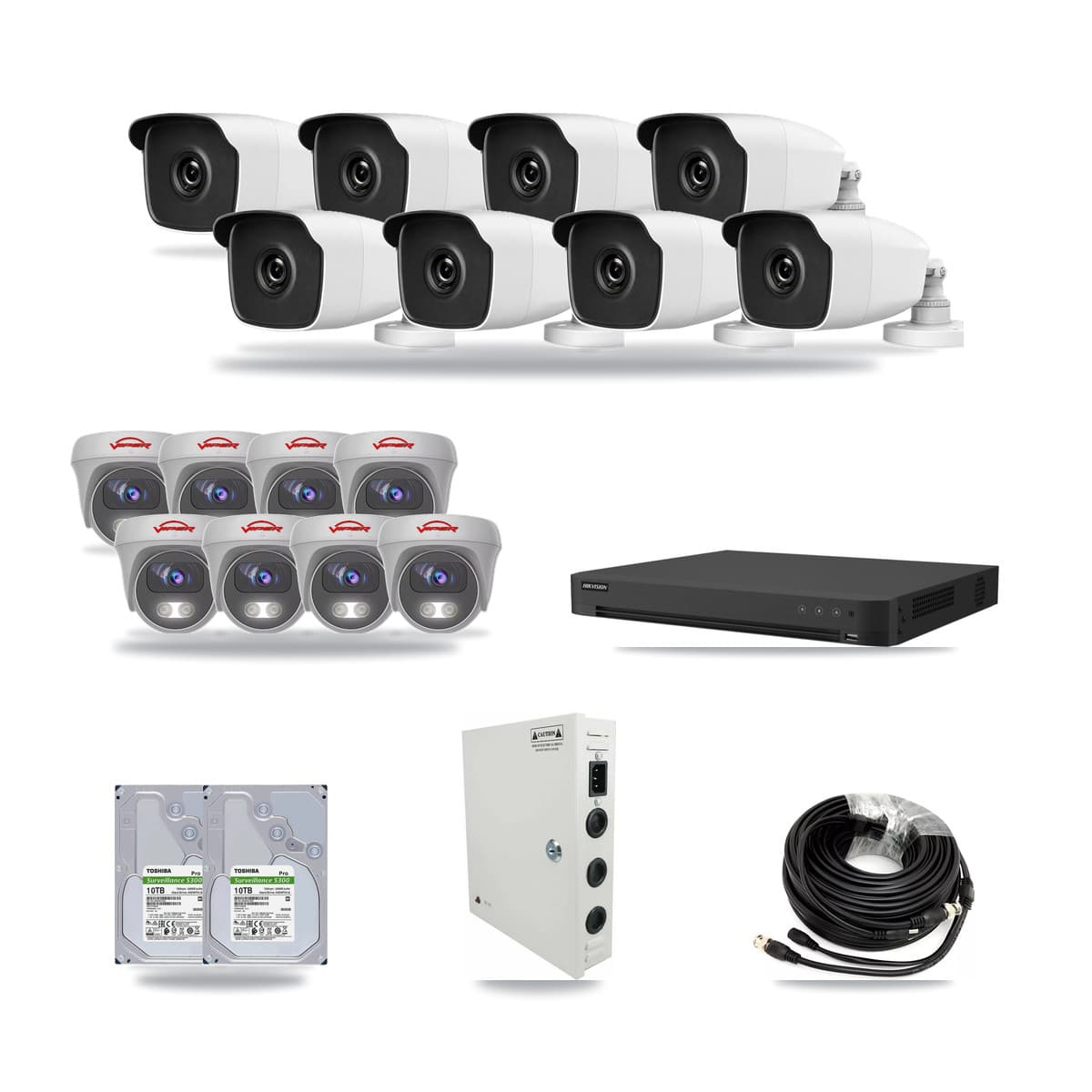 32-Channel 3MP – 5MP CCTV Kit — 8 3MP Bullet + 8 White 5MP Cameras + 2× 10TB Recording (IDS-7232HQHI Recorder) - Image 1