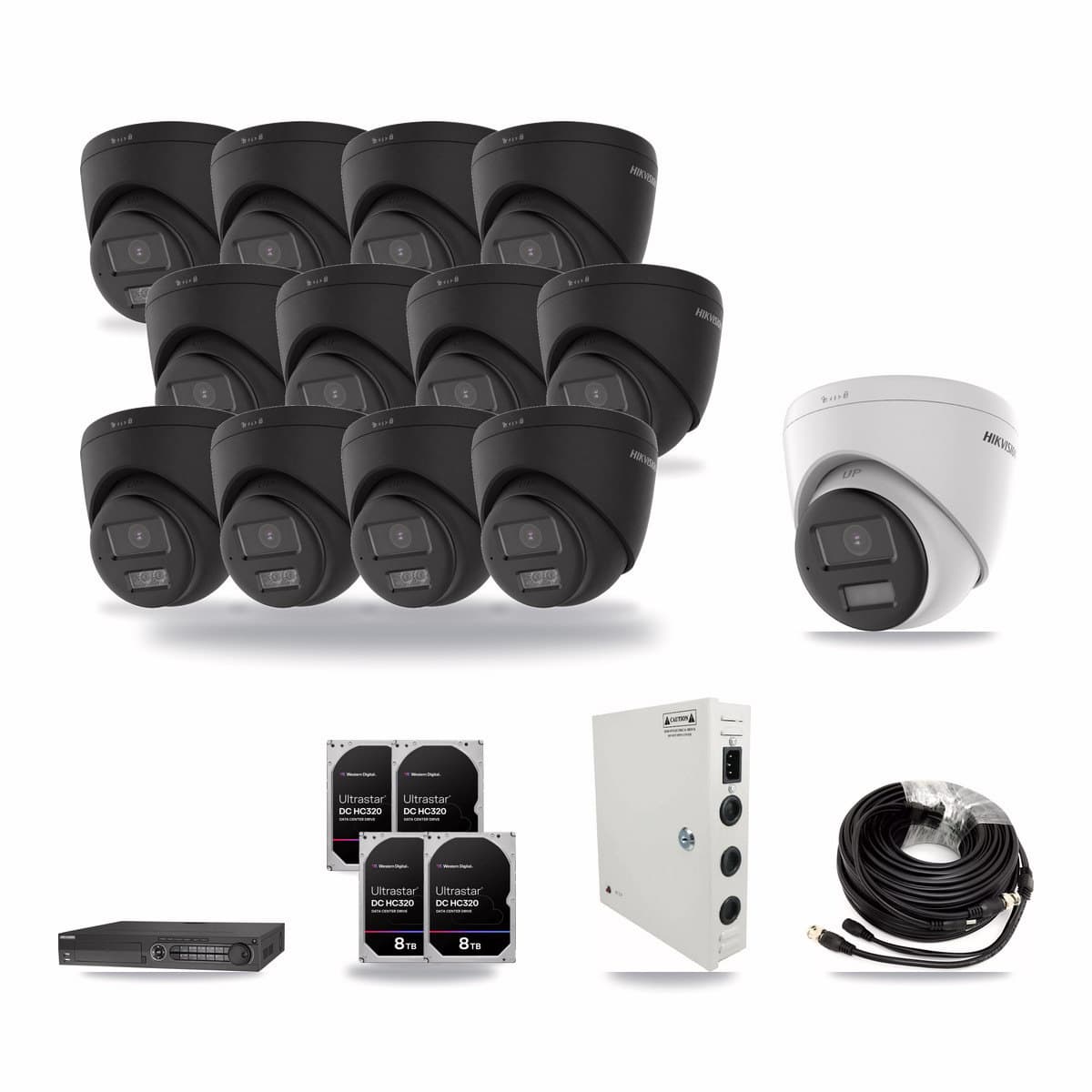 Hikvision 32-channel CCTV kit: 13 cameras (12× 4K Turret DS-2CE78U0T-LTS-BLACK + 1× 4K Turret DS-2CE78U0T-LPTS), 4× 8TB hard drive