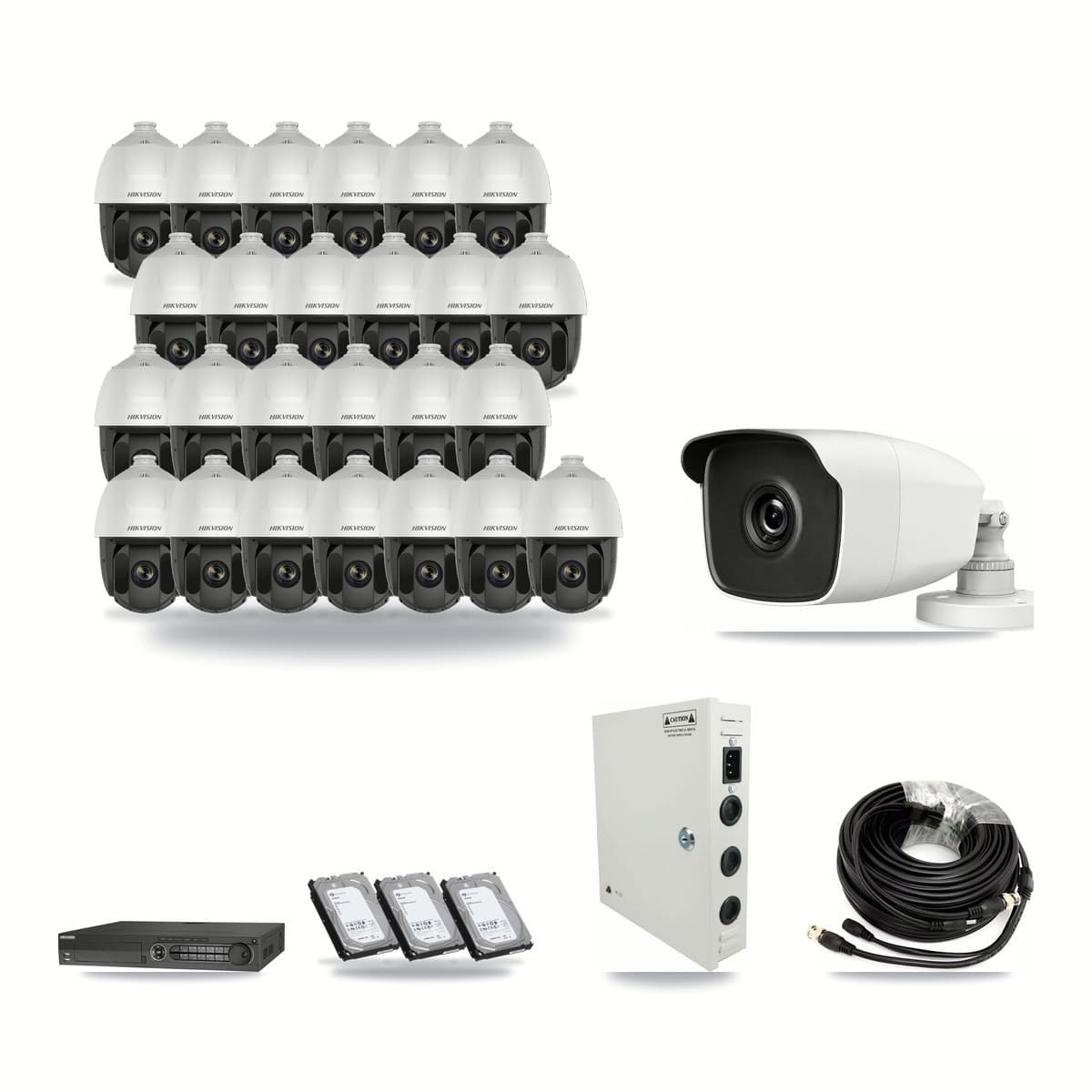 Hikvision 32-channel CCTV kit: 26 cameras (25× 2MP PTZ + 1× 3MP Bullet), 3× 6TB hard drive