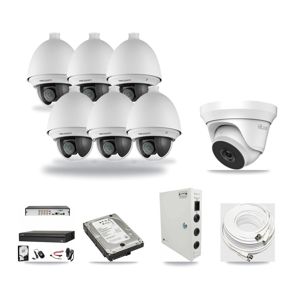 8-Channel 2MP – 4MP CCTV Kit — 6 Hikvision DS-2AE4225T-A 2MP PTZ + 1 HiLook THC-T240-M-R 4MP Turret Cameras + 5TB Recording (XVR-3108AD-4K Recorder) - Image 1