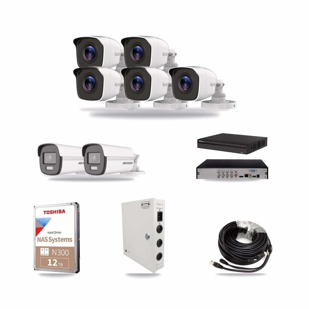 Prolux 8-channel CCTV kit: 7 cameras (5× 4MP Bullet + 2× 4K Bullet), 12TB hard drive