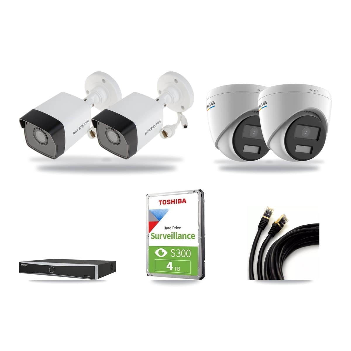Hikvision 4-channel CCTV kit: 4 cameras (2× 5MP Bullet + 2× 2MP Turret), 4TB hard drive