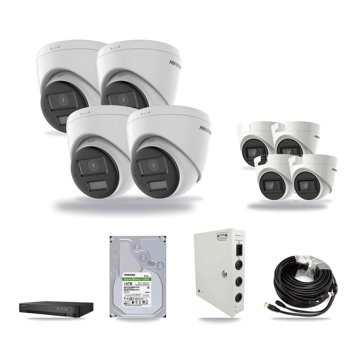 Hikvision 8-channel CCTV kit: 8 cameras (4× 4K Turret DS-2CE78U0T + 4× 4K Turret DS-2CE78U1T), 10TB hard drive