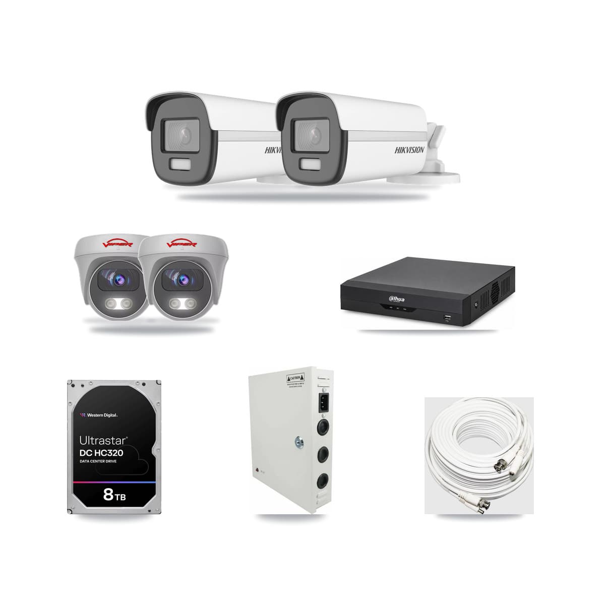 4-Channel 5MP – 4K CCTV Kit — 2 4K Bullet + 2 White 5MP Cameras + 8TB Recording (DH-XVR5104HS Recorder) - Image 1