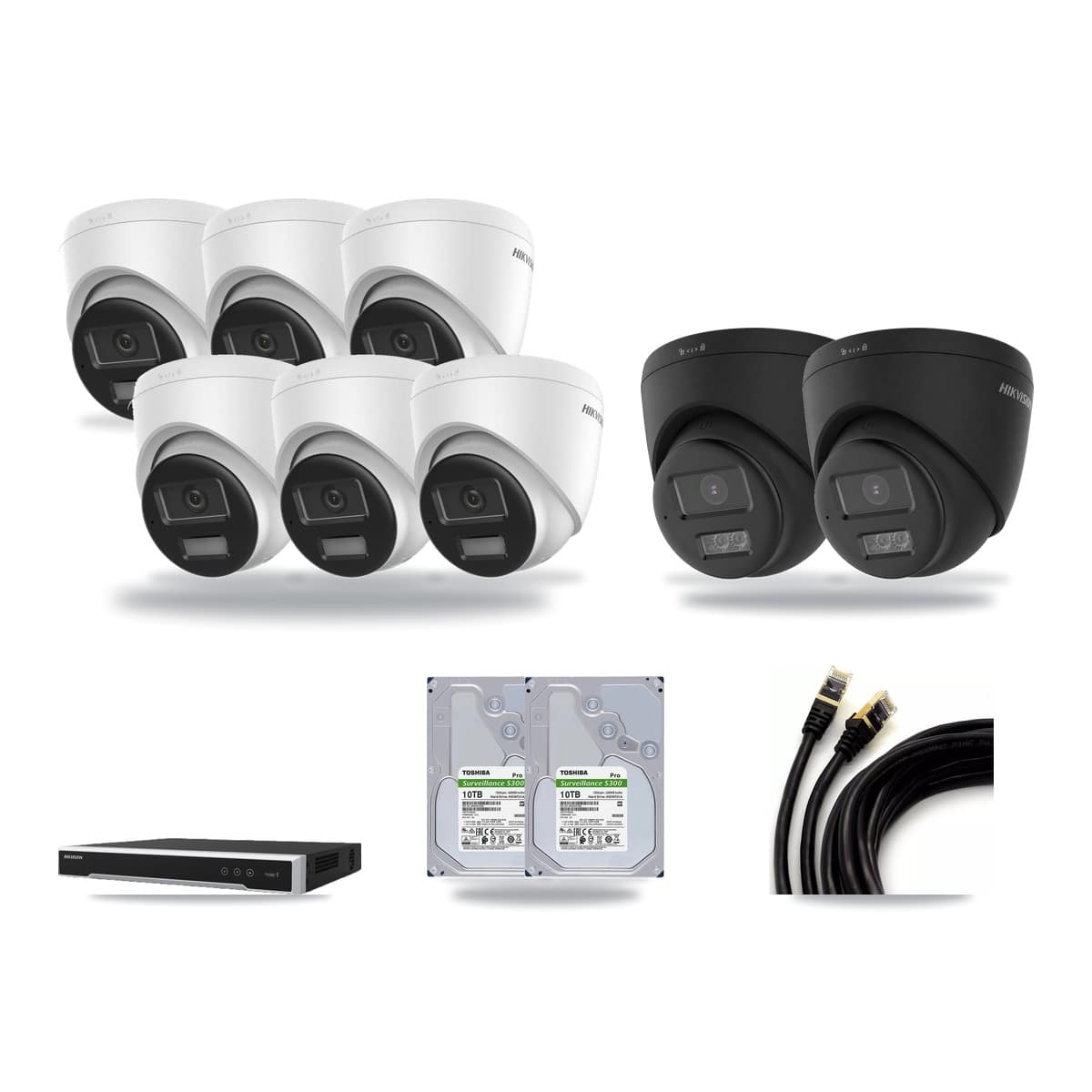 Hikvision 16-channel CCTV kit: 8 cameras (6× 4K Turret DS-2CD1383G2-LIUF/SL + 2× 4K Turret DS-2CD1383G2-LIUF/SL-BLACK), 2× 10TB hard drive