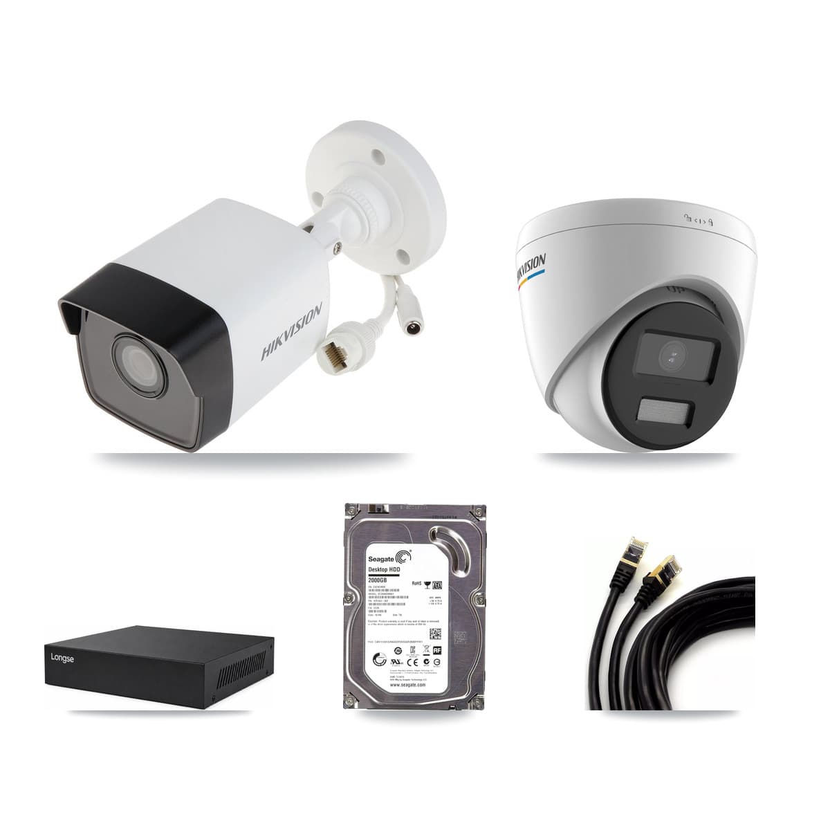 Longse 8-channel CCTV kit: 2 cameras (1× 5MP Bullet + 1× 2MP Turret), 2TB hard drive