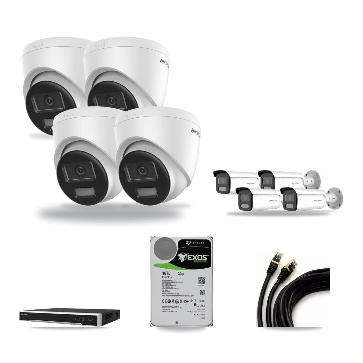 Hikvision 16-channel CCTV kit: 8 cameras (4× 4K Turret + 4× 4MP Bullet), 16TB hard drive