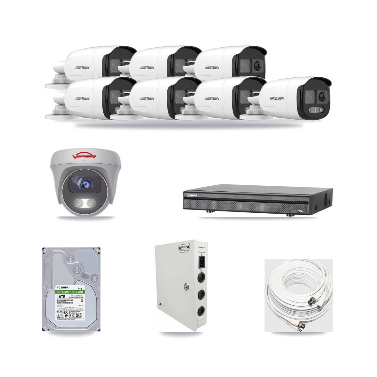 8-Channel 5MP CCTV Kit — 7 DS-2CE12KF3T Bullet + 1 White VIPER-5MP-3K Cameras + 10TB Recording (DH-XVR5108H Recorder) - Image 1