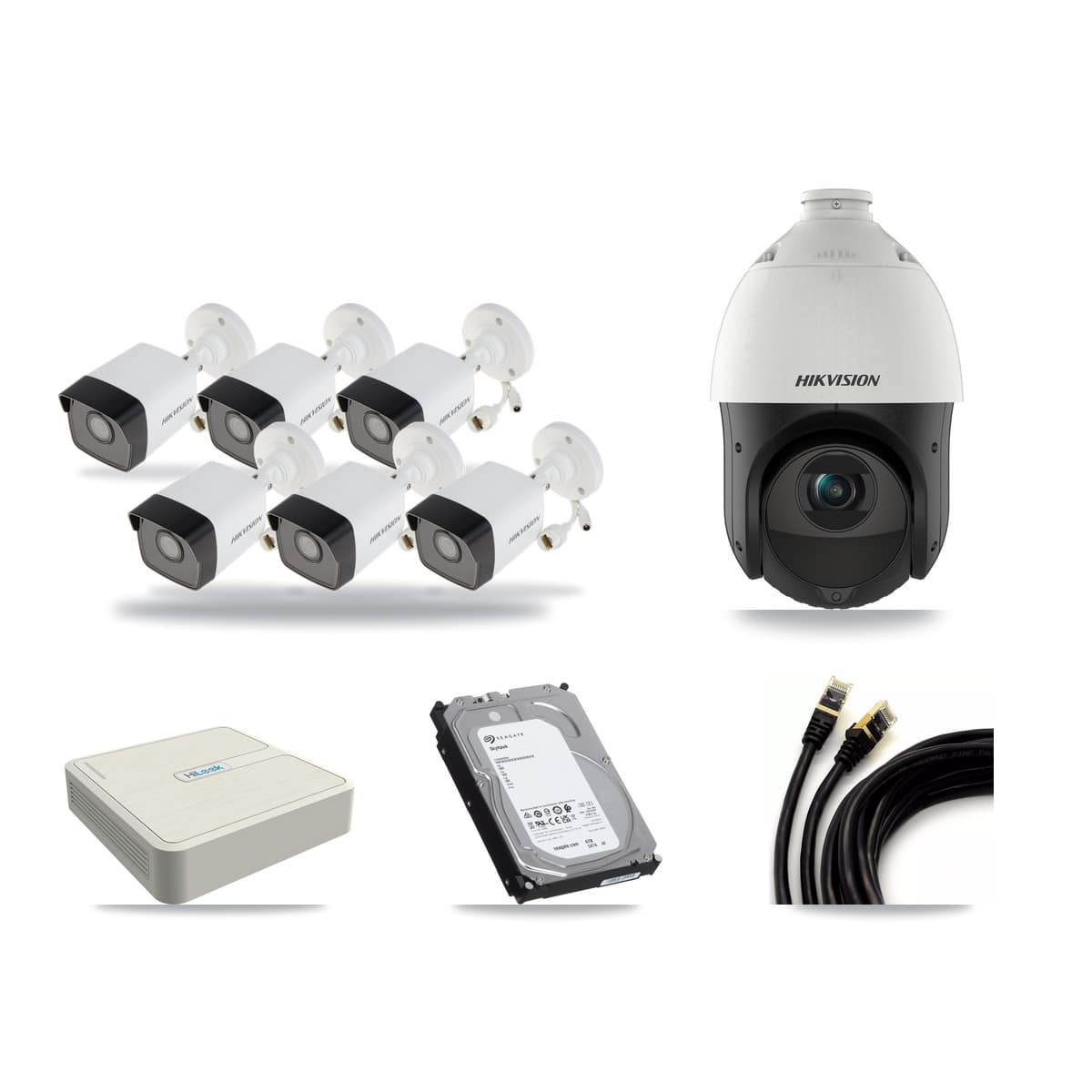 Hikvision & HiLook 8-Channel 4MP – 5MP CCTV Kit — 6 5MP Bullet + 1 4MP PTZ Cameras + 6TB Recording - Image 1