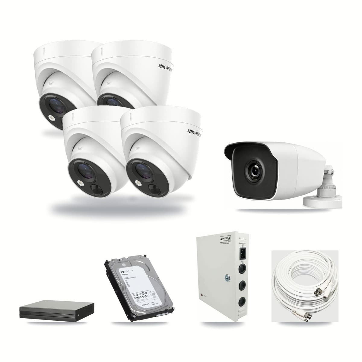 8-Channel 3MP – 5MP CCTV Kit — 4 Hikvision DS-2CE71H0T 5MP Turret + 1 HiLook THC-B230-R 3MP Bullet Cameras + 6TB Recording - Image 1