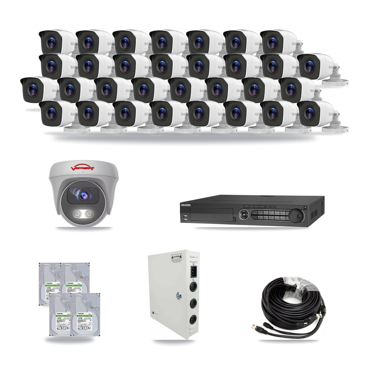 32-Channel 4MP – 5MP CCTV Kit — 31 4MP Bullet + 1 White 5MP Cameras + 4× 10TB Recording (DS-7332HQHI Recorder) - Image 1