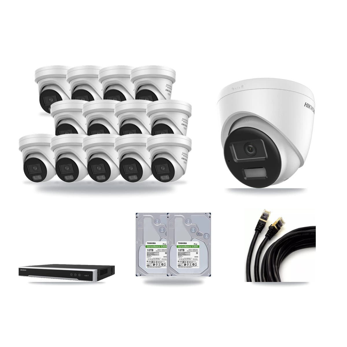 Hikvision 16-channel CCTV kit: 14 cameras (13× 4MP Turret + 1× 4K Turret), 2× 10TB hard drive