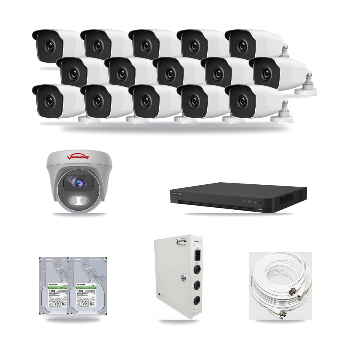 16-Channel 3MP – 5MP CCTV Kit — 15 3MP Bullet + 1 5MP Cameras + 2× 10TB Recording - Image 1
