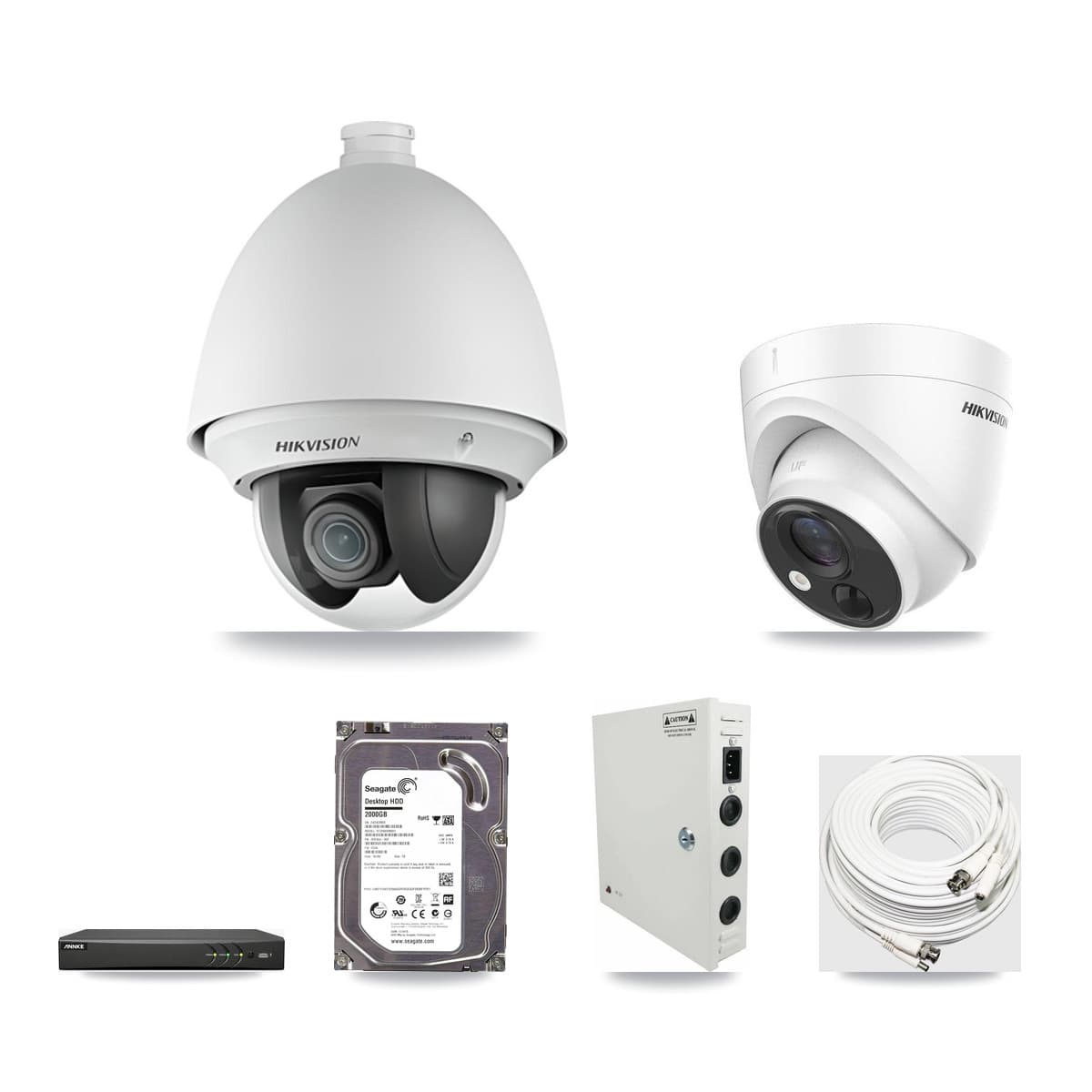 Hikvision & ANNKE 4-Channel 2MP – 5MP CCTV Kit — 1 DS-2AE4225T 2MP PTZ + 1 DS-2CE71H0T 5MP Turret Cameras + 2TB Recording - Image 1