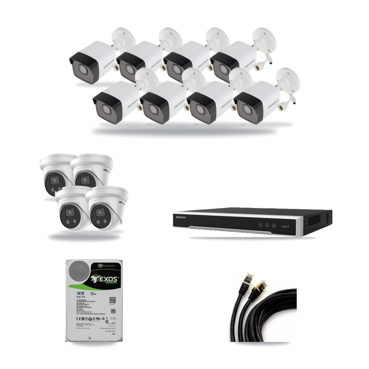 Hikvision 16-channel CCTV kit: 12 cameras (8× 5MP Bullet + 4× 5MP Turret), 16TB hard drive