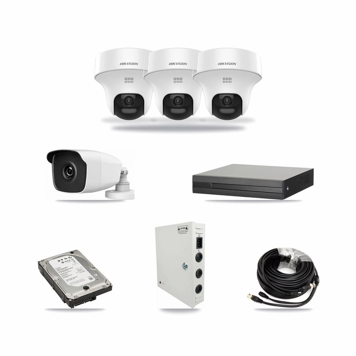4-channel CCTV kit: 4 cameras (3× 5MP Turret + 1× 3MP Bullet), 5TB hard drive