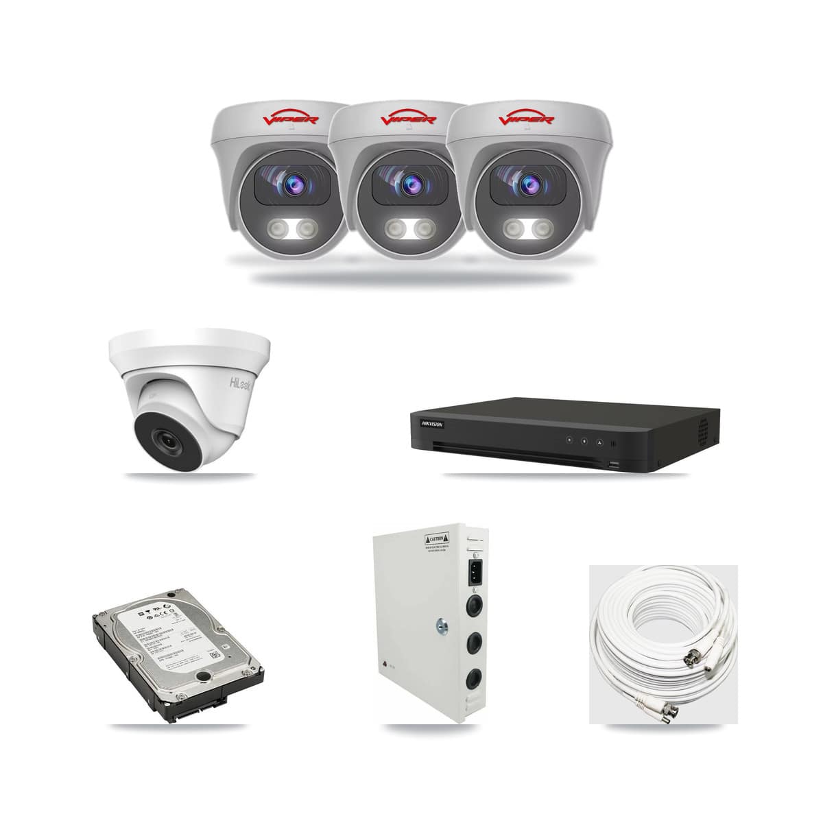 8-Channel 4MP – 5MP CCTV Kit — 1 THC-T240-M-R 4MP Turret + 3 White VIPER-5MP-3K-AOC-WHITE-2.8MM 5MP Cameras + 5TB Recording (IDS-7208HUHI-M1/XT Recorder) - Image 1